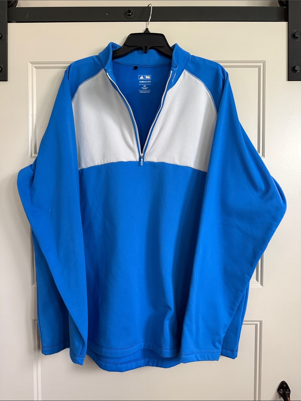 Adidas Men's Blue and White Quarter-Zip Pullover Sweater
